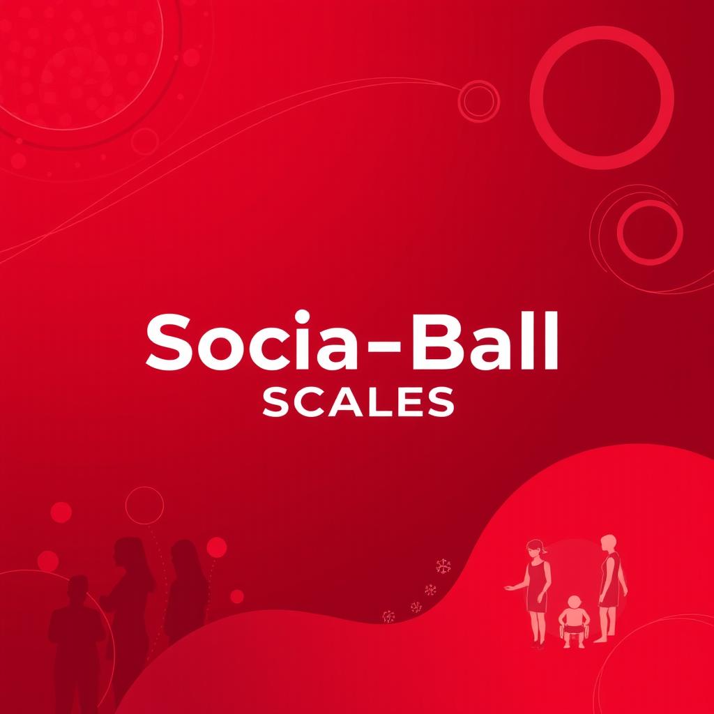 A modern and visually striking cover page for a psychological assessment titled 'Socia-Ball Scales' that emphasizes social awareness, designed in a theme dominated by maroon and various shades of red