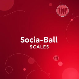 A modern and visually striking cover page for a psychological assessment titled 'Socia-Ball Scales' that emphasizes social awareness, designed in a theme dominated by maroon and various shades of red