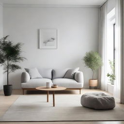 A simple, well-lit room with minimalist design, including comfortable furniture and tasteful decor.