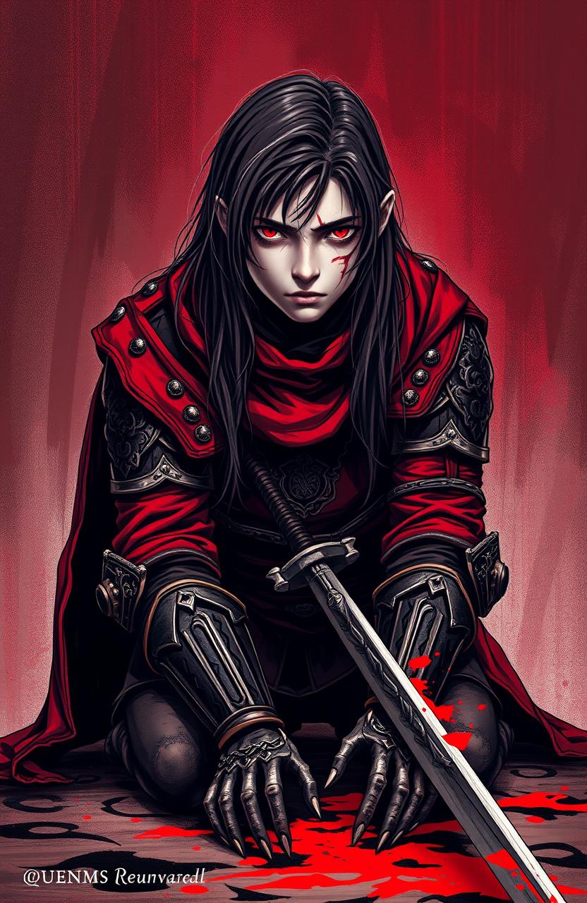 A book cover design featuring a young European man with long, dirty hair and striking red eyes