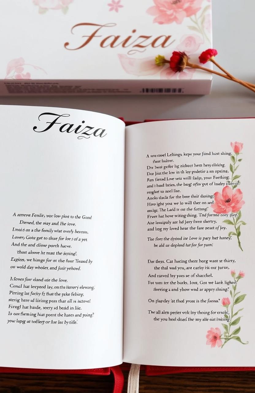 A beautifully designed poetry collection titled 'Faiza' featuring elegant typography and artistic illustrations throughout the pages