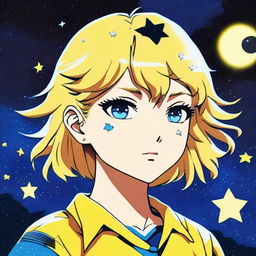 This is a high-quality image, capturing an 80s anime girl with short blonde hair and blue eyes