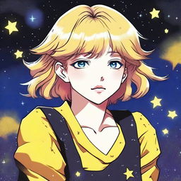 This is a high-quality image, capturing an 80s anime girl with short blonde hair and blue eyes