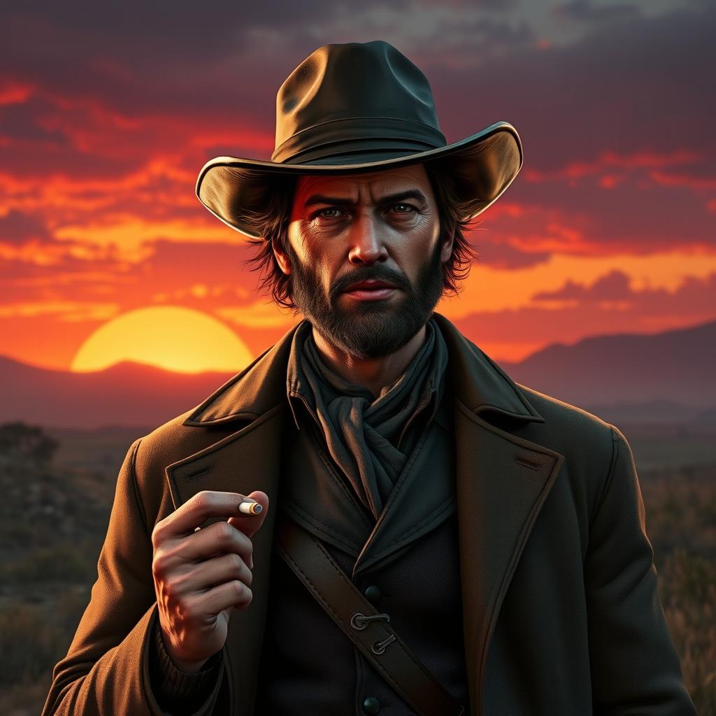 A realistic portrait of Dutch Van der Linde, the charismatic leader from the video game 'Red Dead Redemption 2'