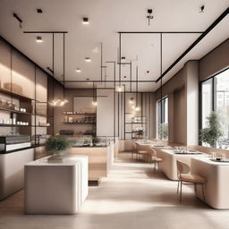 Interior design of a square-shaped coffee shop with an all-glass partitions customer seating hall, stylish interiors, and a light-toned background.