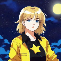 A high-quality image depicts an 80s anime girl with short blonde hair and blue eyes