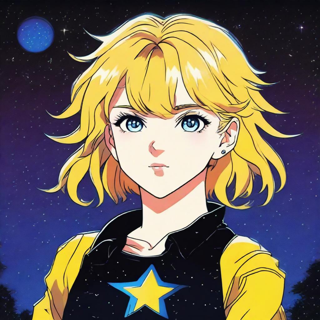 A high-quality image depicts an 80s anime girl with short blonde hair and blue eyes