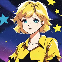 A high-quality image depicts an 80s anime girl with short blonde hair and blue eyes