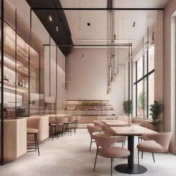 Interior design of a square-shaped coffee shop with an all-glass partitions customer seating hall, stylish interiors, and a light-toned background.