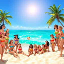 Twenty beautiful girls wearing colorful bikinis on a sunny beach, laughing and enjoying the summer atmosphere