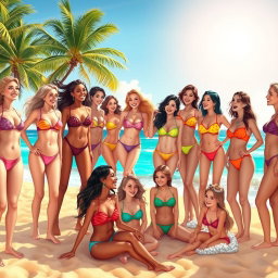 Twenty beautiful girls wearing colorful bikinis on a sunny beach, laughing and enjoying the summer atmosphere