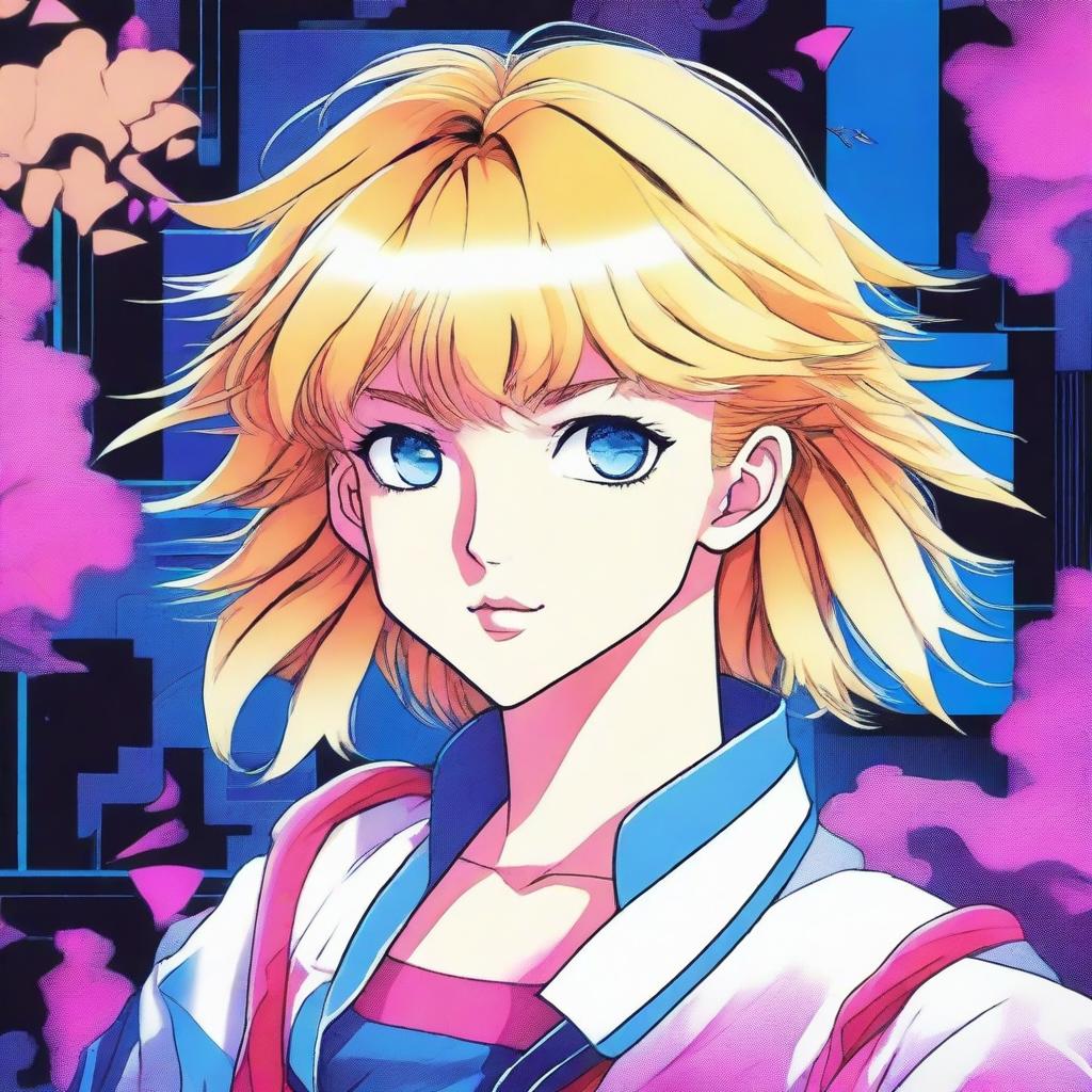 This high-quality image features an 80s anime girl with short blonde hair and striking blue eyes