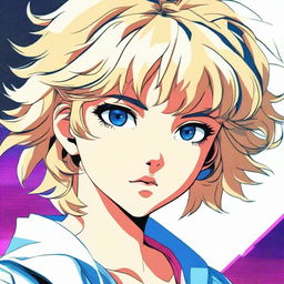 This high-quality image features an 80s anime girl with short blonde hair and striking blue eyes