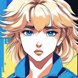 This high-quality image features an 80s anime girl with short blonde hair and striking blue eyes