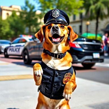 A playful scene featuring a dog wearing a police uniform, complete with a badge and a small police cap