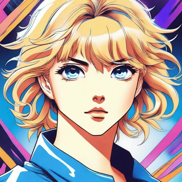 This high-quality image features an 80s anime girl with short blonde hair and striking blue eyes