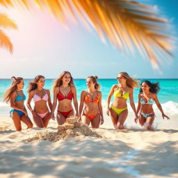 Five beautiful girls wearing stylish bikinis on a sunny beach, showcasing their vibrant personalities and enjoying the warm weather