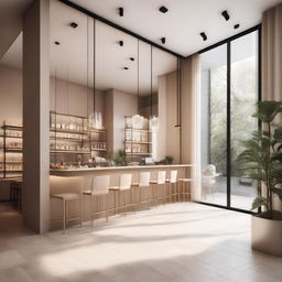 Interior design of a square-shaped coffee shop with an all-glass partitions customer seating hall, stylish interiors, and a light-toned background.