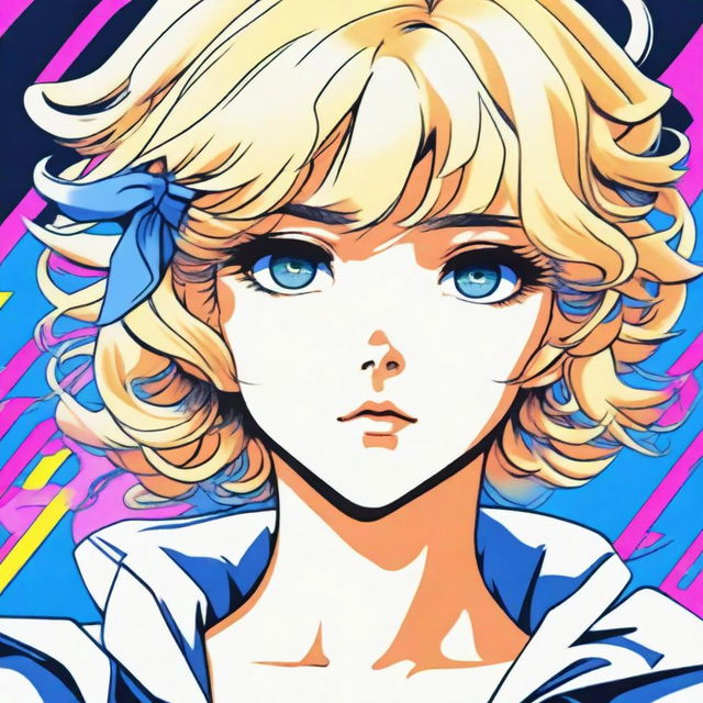 A high-quality image displays a 1980s style anime girl with short blonde hair styled in ringlets