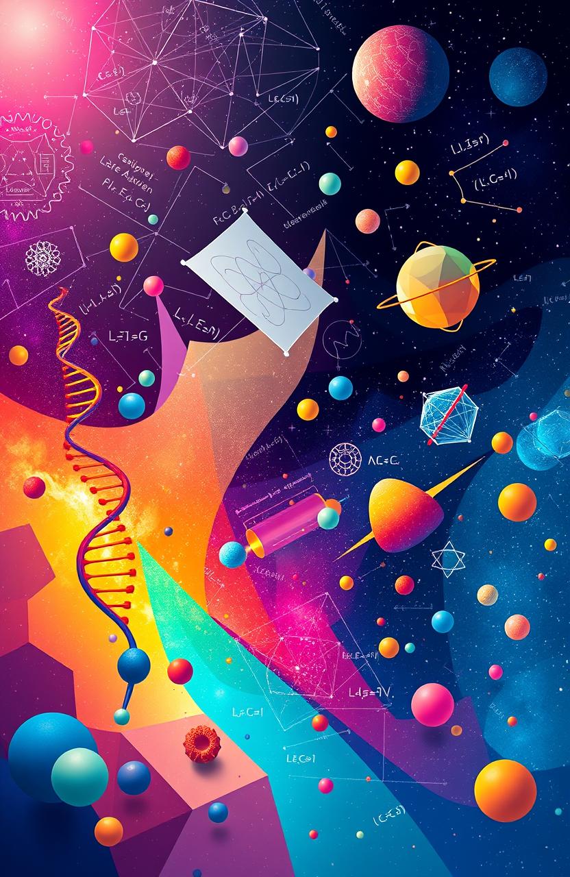 An abstract representation of scientific concepts, featuring vibrant colors and geometric shapes