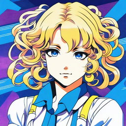 A high-quality image displays a 1980s style anime girl with short blonde hair styled in ringlets