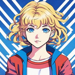 A high-quality image displays a 1980s style anime girl with short blonde hair styled in ringlets