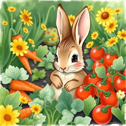 A cute and charming illustration of Peter Rabbit, a mischievous young rabbit with soft brown fur and large expressive eyes, sneaking into the colorful garden of Mr