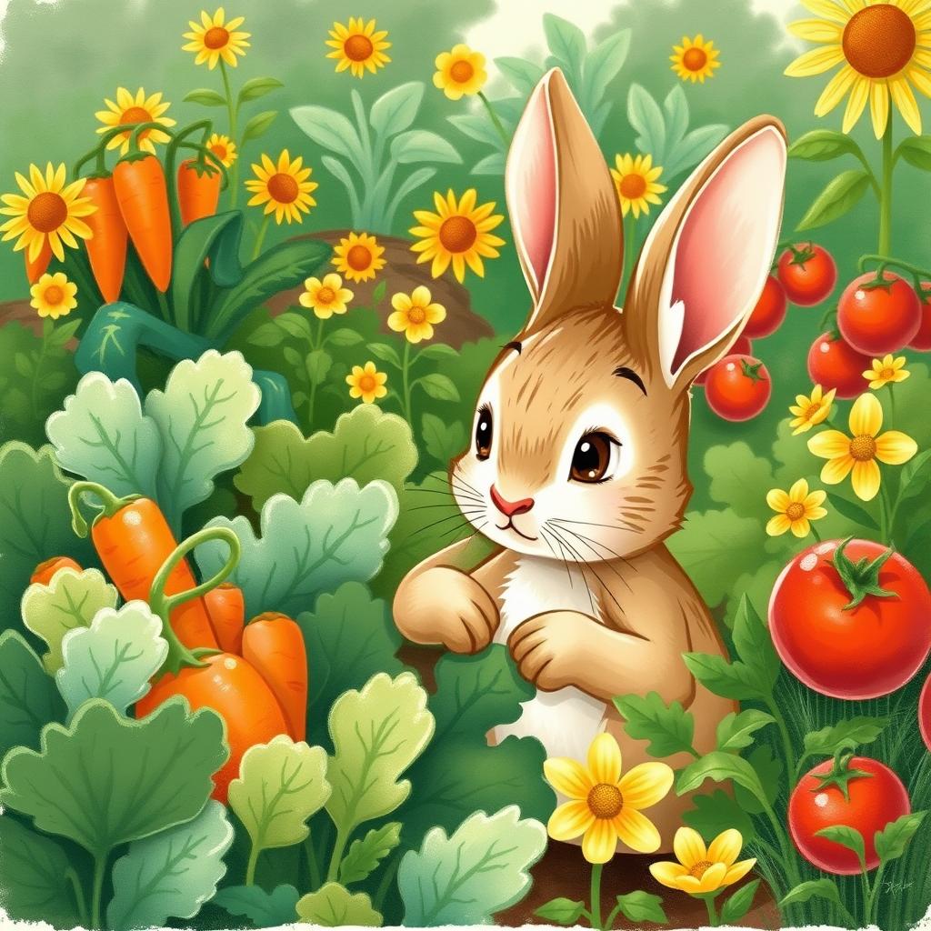 A cute and charming illustration of Peter Rabbit, a mischievous young rabbit with soft brown fur and large expressive eyes, sneaking into the colorful garden of Mr