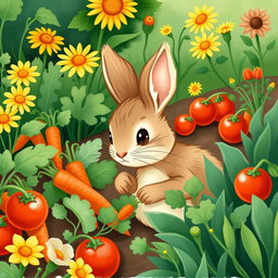 A cute and charming illustration of Peter Rabbit, a mischievous young rabbit with soft brown fur and large expressive eyes, sneaking into the colorful garden of Mr