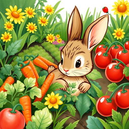 A cute and charming illustration of Peter Rabbit, a mischievous young rabbit with soft brown fur and large expressive eyes, sneaking into the colorful garden of Mr