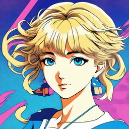 A high-quality image displays a 1980s style anime girl with short blonde hair styled in ringlets