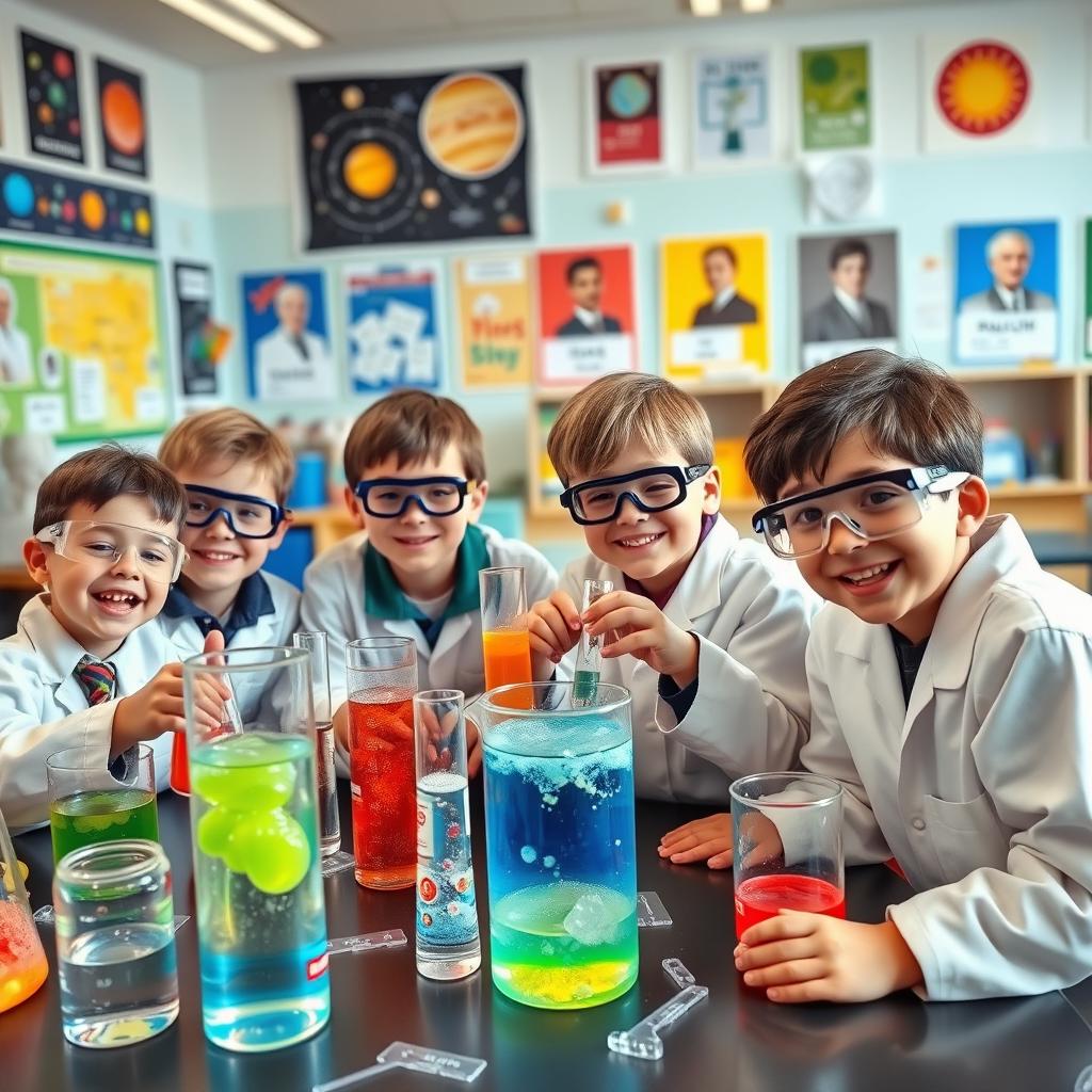 A group of enthusiastic boys in a bright and colorful science classroom, conducting fun experiments with beakers, test tubes, and scientific equipment