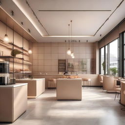 Interior design of a square-shaped coffee shop with an all-glass partitions customer seating hall, stylish interiors, and a light-toned background.