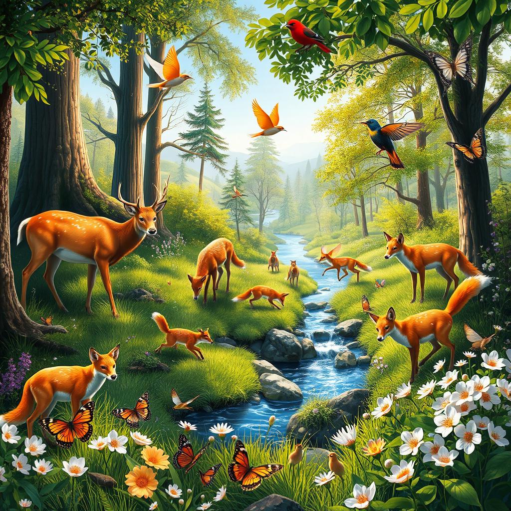 A vibrant and lively scene depicting a variety of animals in their natural habitat