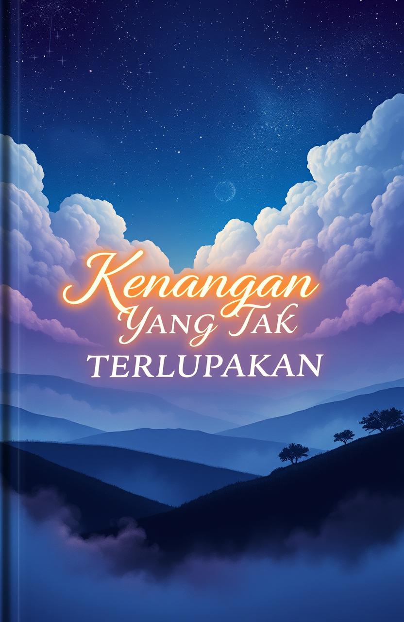 A dreamy book cover illustration featuring ethereal clouds and a starry night sky
