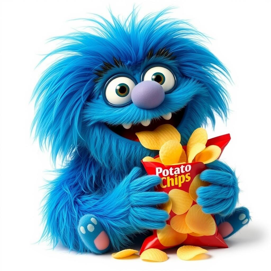 A funny, 3D hairy and fluffy blue monster reminiscent of a Sesame Street character, joyfully munching on potato chips