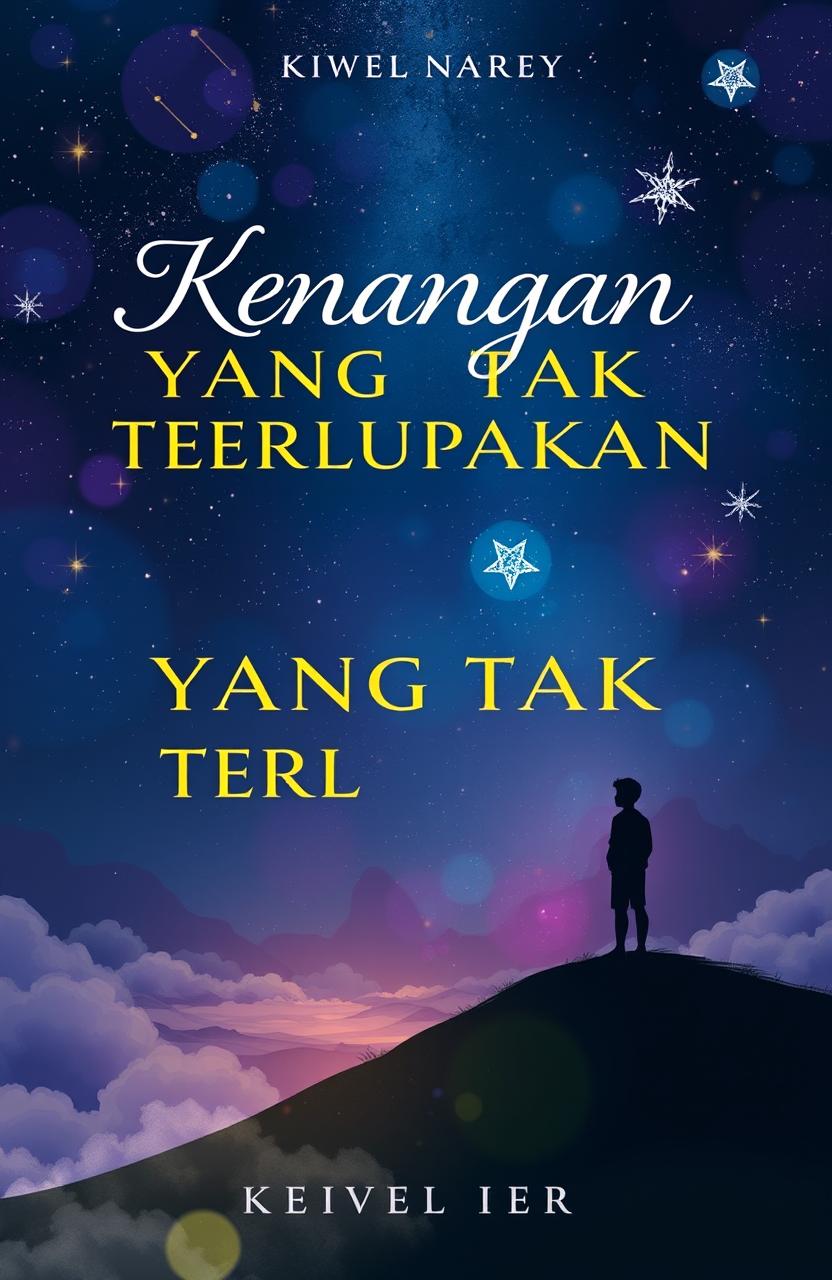 A dreamy book cover illustration for a novel titled 'KENANGAN YANG TAK TERLUPAKAN'