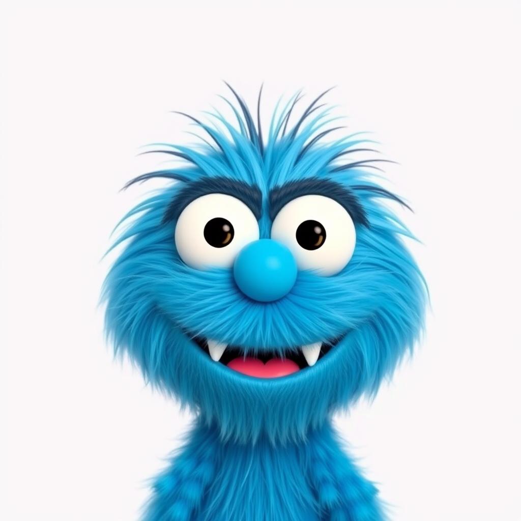 A funny, 3D hairy and fluffy blue monster resembling a character from Sesame Street