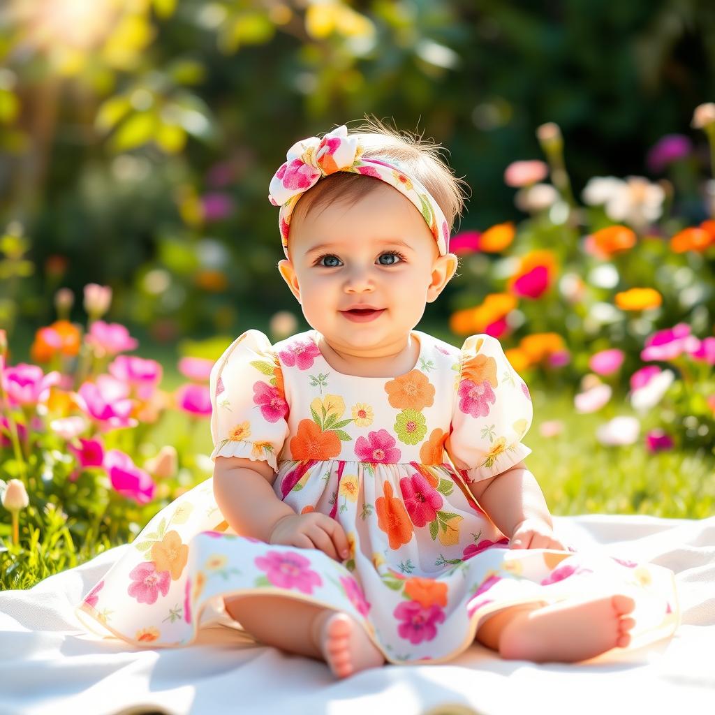 A cute baby girl wearing a beautiful, colorful dress with floral patterns