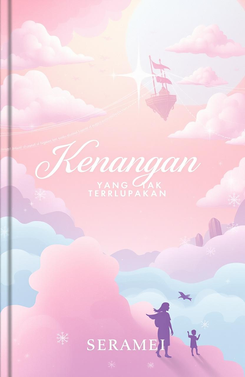 A dreamlike book cover illustration featuring ethereal and surreal landscapes, soft clouds, and whimsical elements like floating islands and gentle waves