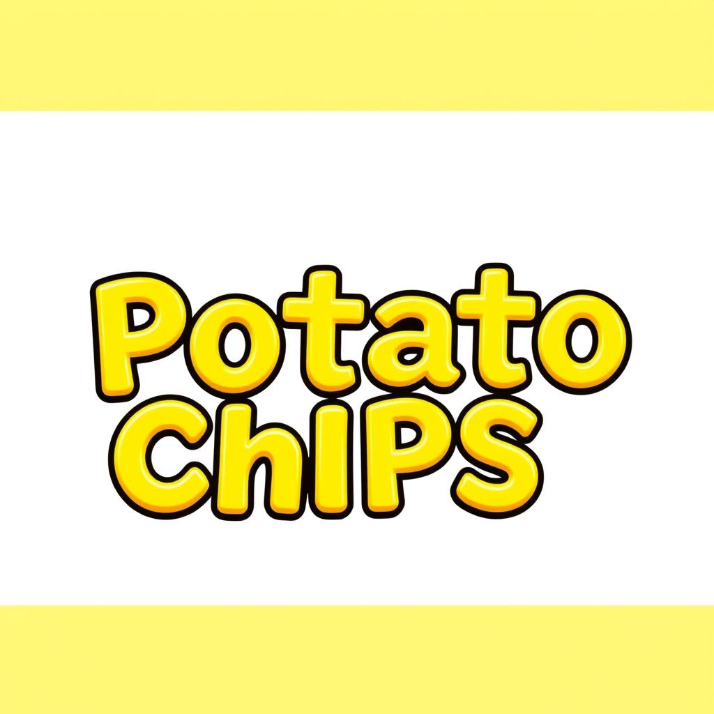 3D text of the phrase 'Potato Chips' designed for packaging, featuring bright yellow letters outlined in bold black