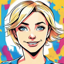 A comic book style image of a cute girl with short blonde hair and bright blue eyes