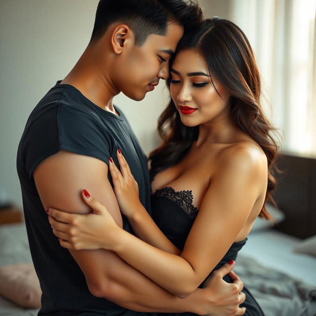 A beautiful scene of an intimate moment between a handsome 22-year-old Indonesian man with an athletic body and clean white skin, engaging in a romantic missionary pose with a stunning 30-year-old woman