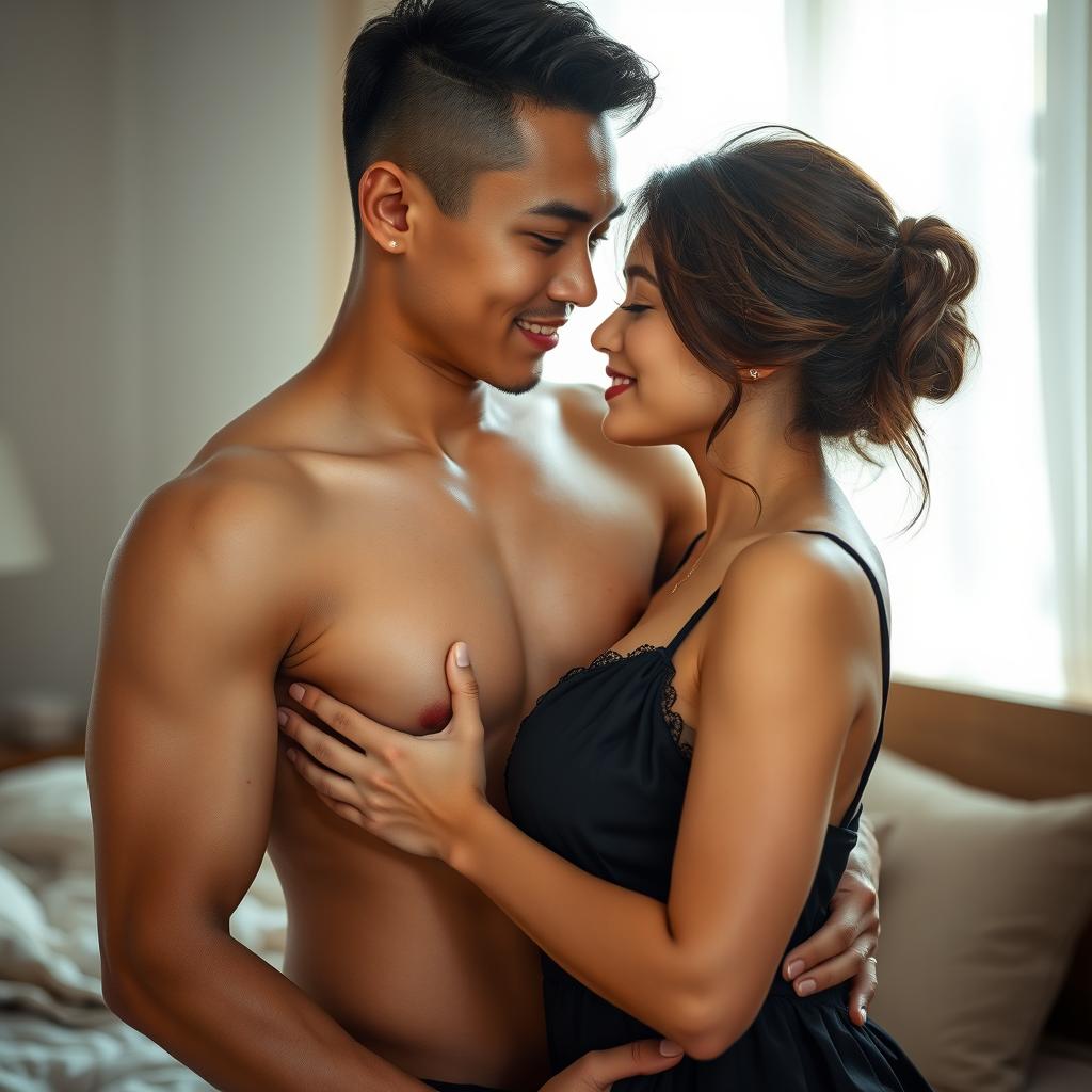 A beautiful scene of an intimate moment between a handsome 22-year-old Indonesian man with an athletic body and clean white skin, engaging in a romantic missionary pose with a stunning 30-year-old woman