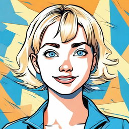 A comic book style image of a cute girl with short blonde hair and bright blue eyes