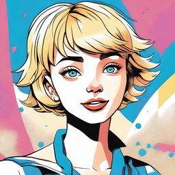 A comic book style image of a cute girl with short blonde hair and bright blue eyes