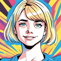 A comic book style image of a cute girl with short blonde hair and bright blue eyes