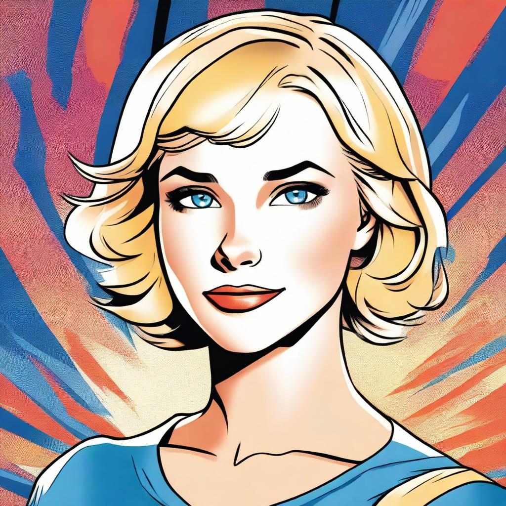 A DC comic book style illustration of a charming girl with short blonde hair and captivating blue eyes