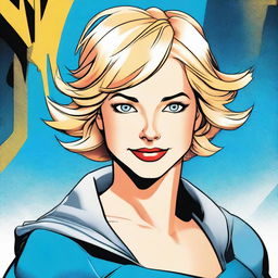 A DC comic book style illustration of a charming girl with short blonde hair and captivating blue eyes