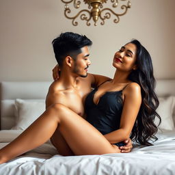 A 22-year-old Indonesian man with an athletic body and handsome features, engaging in an intimate moment in missionary position with a stunning 30-year-old woman